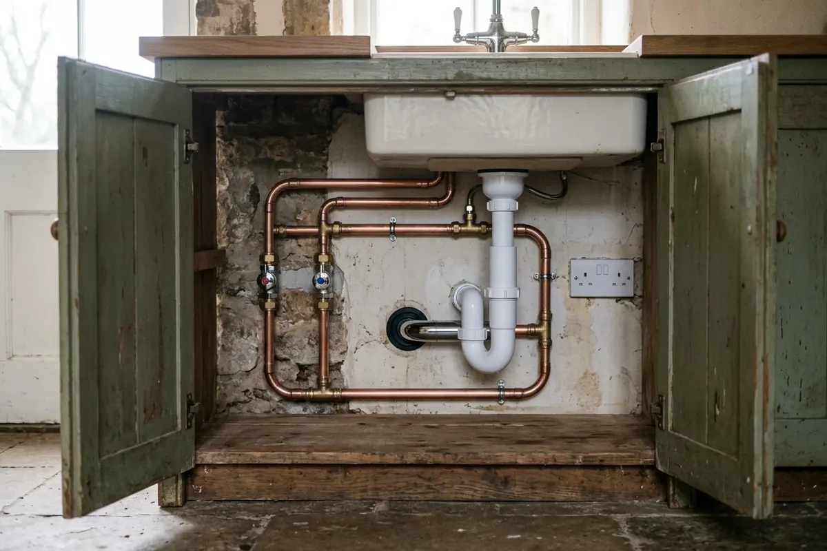 Illustration of new plumbing pipework and taps