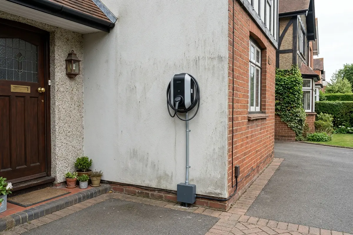 Illustration of an electric car charging point on a house wall
