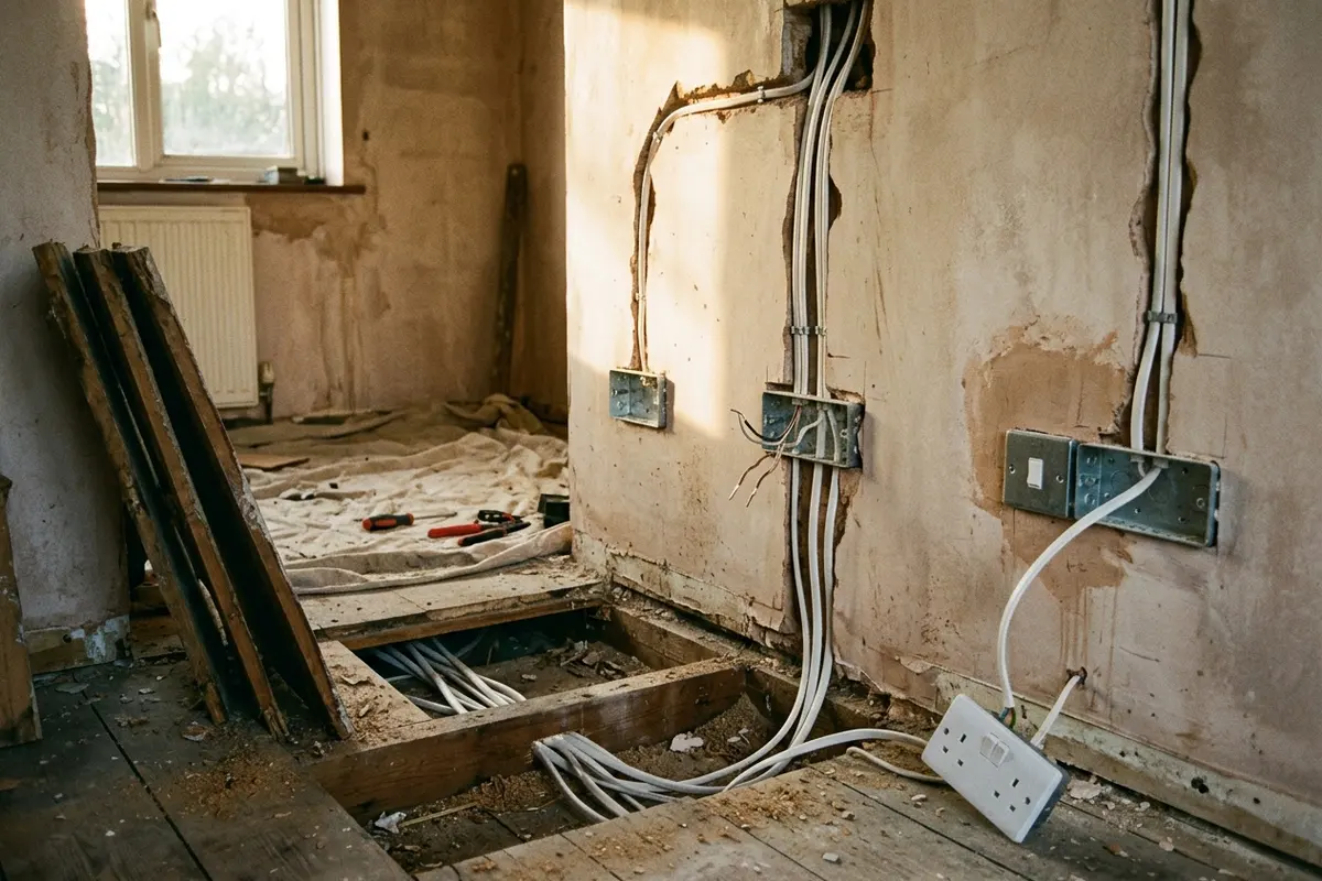 Illustration of a room being rewired