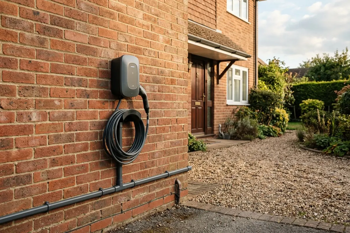 Illustration of an electric car charging point on a house wall