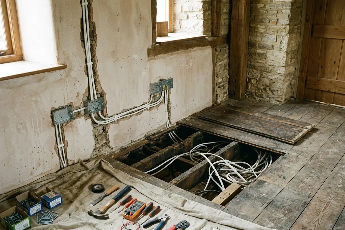Illustration of a room being rewired