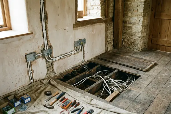 Illustration of a room being rewired