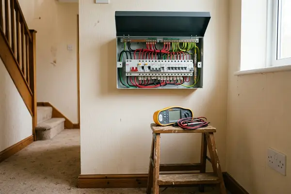 Illustration of electrical testing equipment at a consumer unit