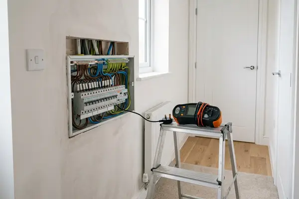 Illustration of electrical testing equipment at a consumer unit