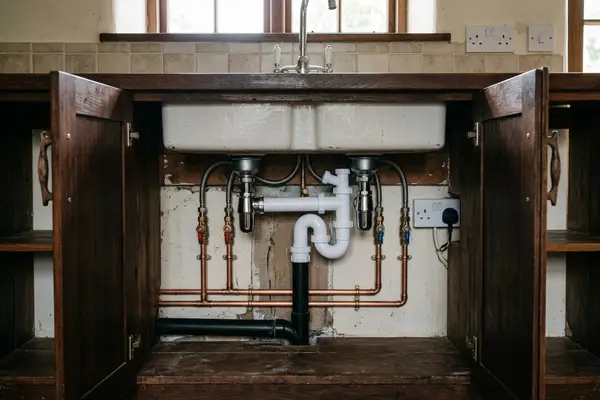 Illustration of new plumbing pipework and taps