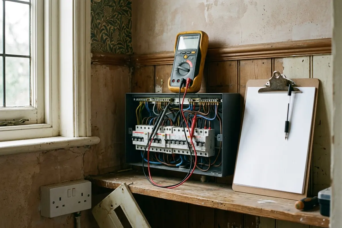 Illustration of electrical testing equipment at a consumer unit