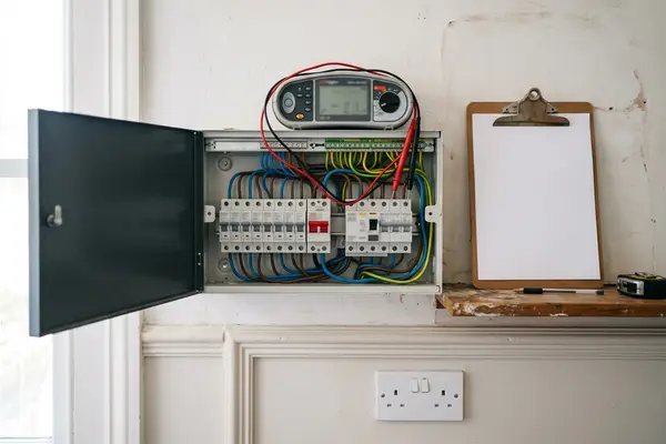 Illustration of electrical testing equipment at a consumer unit