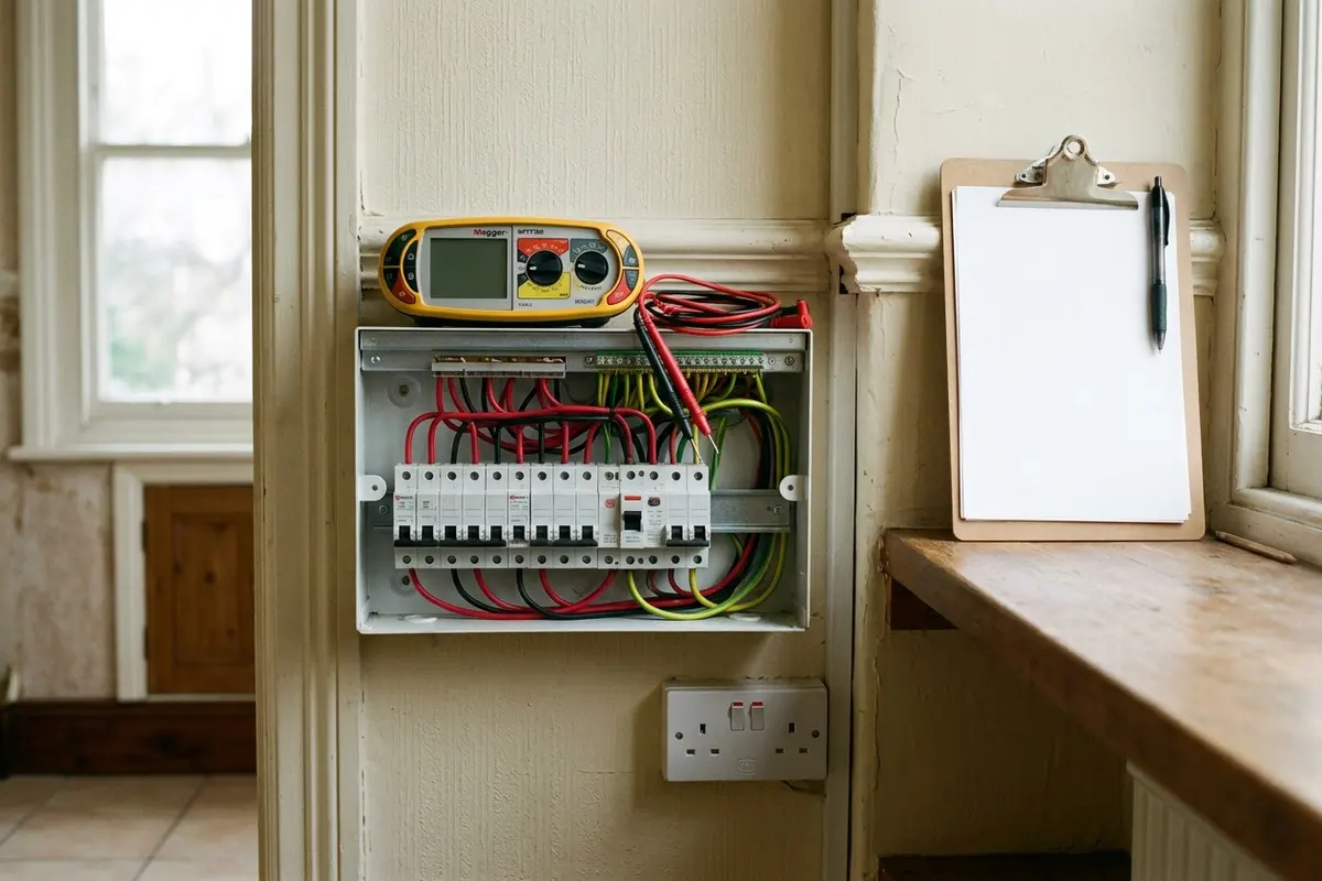 Illustration of electrical testing equipment at a consumer unit