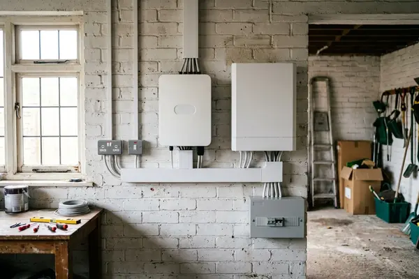 Illustration of solar panels and a home battery