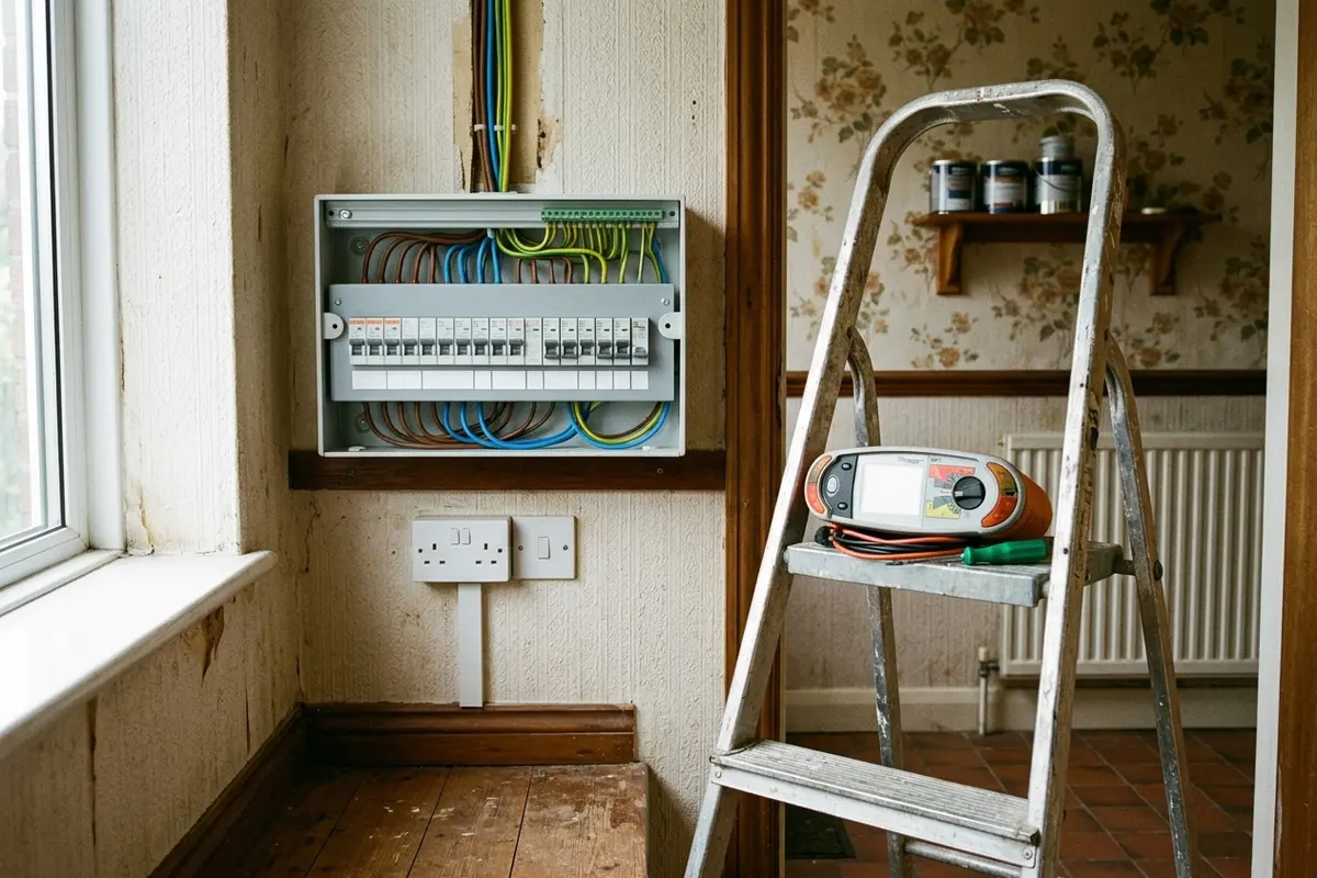 Illustration of electrical testing equipment at a consumer unit