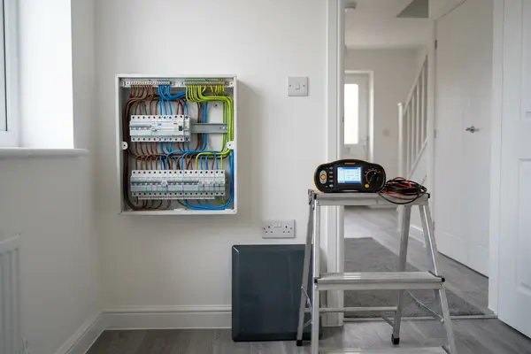 Illustration of electrical testing equipment at a consumer unit