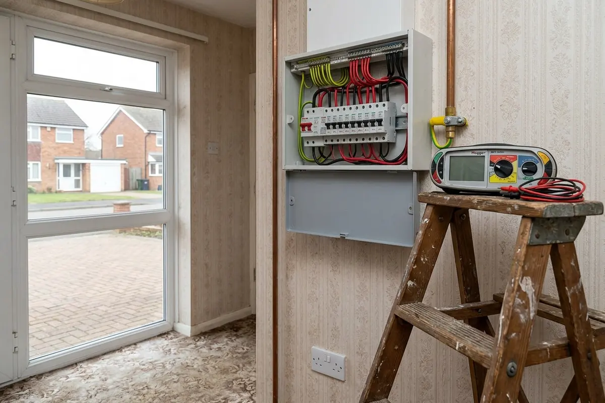Illustration of electrical testing equipment at a consumer unit