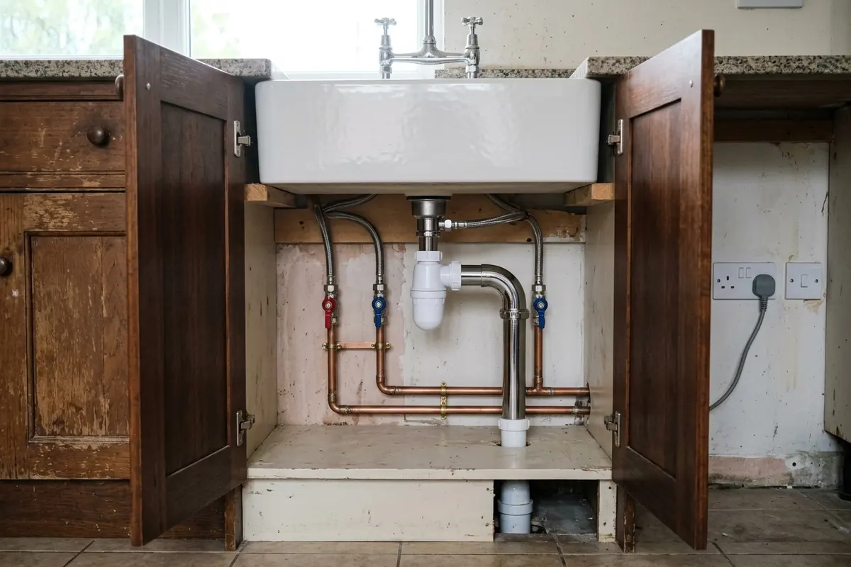 Illustration of new plumbing pipework and taps