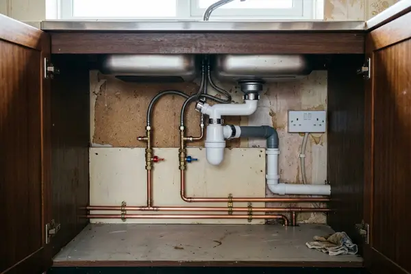 Illustration of new plumbing pipework and taps